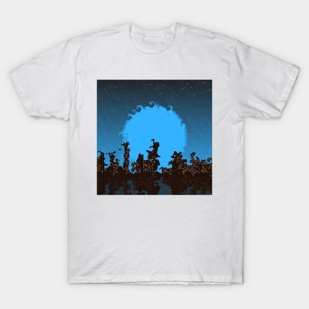 SURREAL CITYSCAPE İN NEON BLUE T-Shirt by mister-john